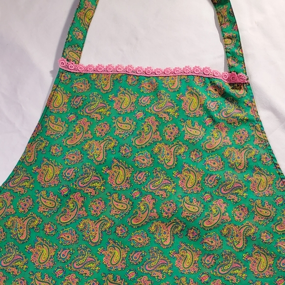 Vintage 70s Green, Pink and Yellow Printed Paisley Cooking Apron - Picture 5 of 16